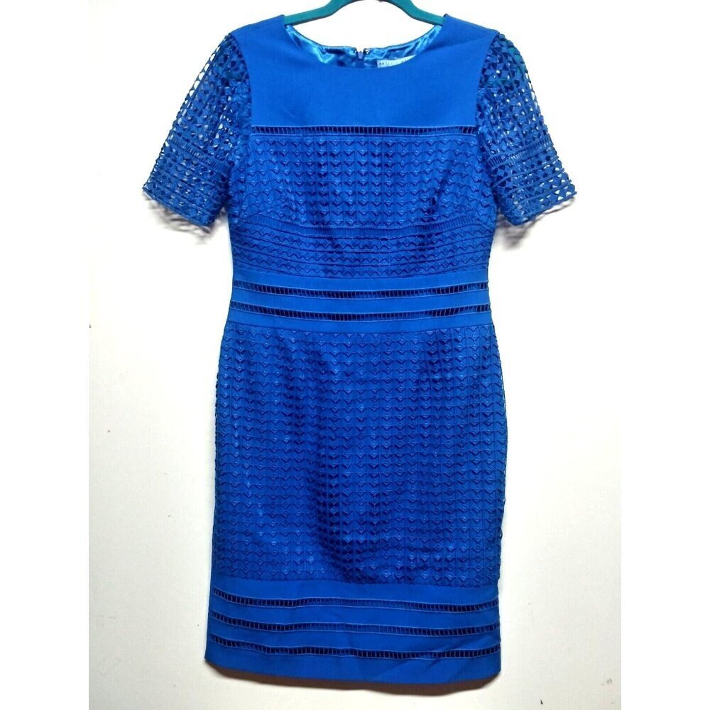 Antonio Melani BLUE dress Sz 6 DOMARO EYELET LACE OVERLAY bodycon stretch SS EUC